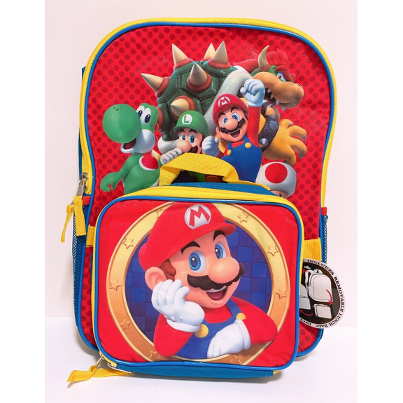 Nintendo Super Mario Characters 16" Backpack Lunch Bag Set of 2