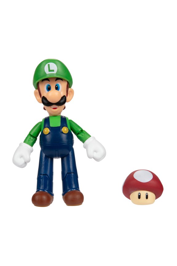 Super Mario Luigi 4 Inch Action Figure with Red Mushroom Accessory