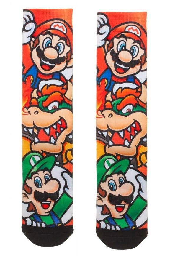 Nintendo Super Mario, Luigi & Bowser Sublimated All Over Print Crew Socks