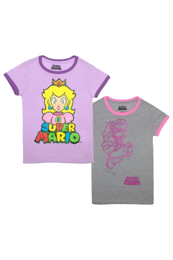 Super Mario T-Shirts for Girls 2-Pack, Super Mario Princess Peach Girls Tees 2-Pack Bundle (Sizes 4-16)