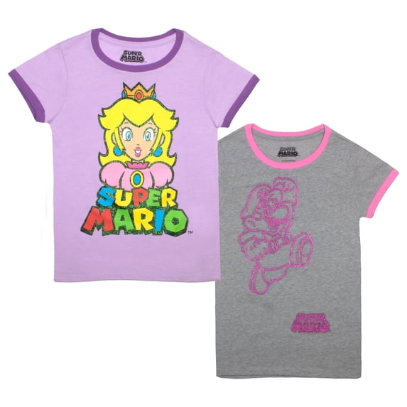Nintendo Super Mario T-Shirts for Girls 2-Pack, Super Mario Princess Peach Girls Tees 2-Pack Bundle (Sizes 4-16)