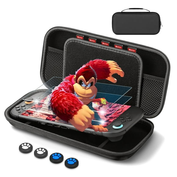 for Nintendo Switch 2 Carrying Case and 2 Screen Protector [2025 Upgrade]  Slim Hard Travel Case with Storage Pouch, Game Card Slots, Thumb Grip Caps for Switch 2 Accessories