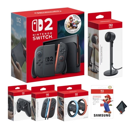Nintendo Switch 2 Console Bundle with Mario Kart World Game + Joy-Con 2 (L)/(R) Light Blue/Light Red + Pro Controller + Joy-Con 2 Wheel (set of 2) + Switch 2 Camera + More