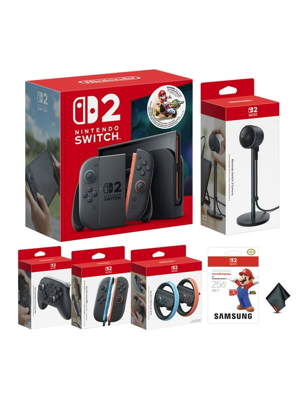 Switch 2 Console Bundle with Mario Kart World Game + Joy-Con 2 (L)/(R) Light Blue/Light Red + Pro Controller + Joy-Con 2 Wheel (set of 2) + Switch 2 Camera + More
