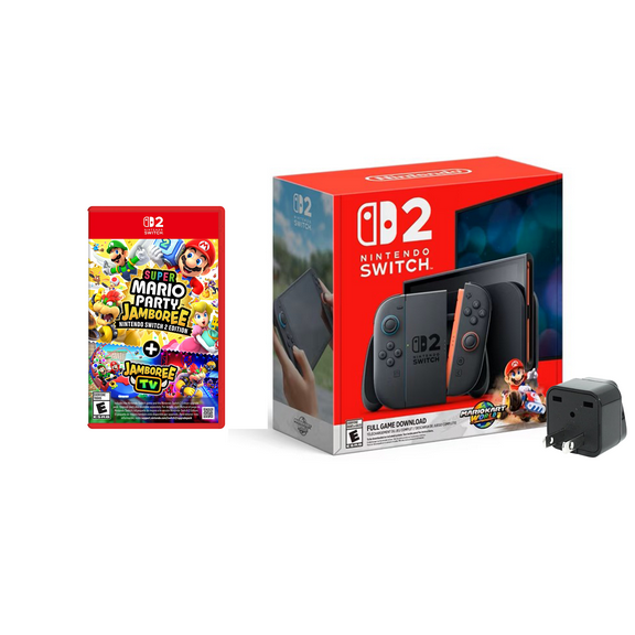 Nintendo Switch 2 Console Bundle – Mario Kart World & Super Mario Party Jamboree + Travel Adapter – International Version