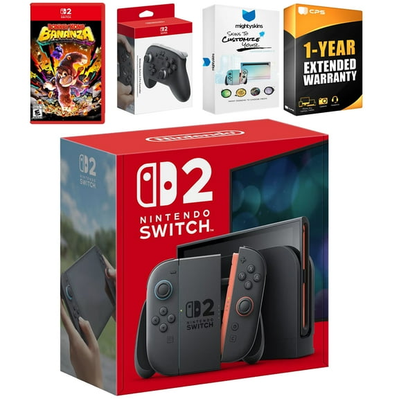Nintendo Switch 2 Console with Donkey Kong Bonanza, Pro Controller, MightySkins Code and 1 CPS Year Extended Warranty