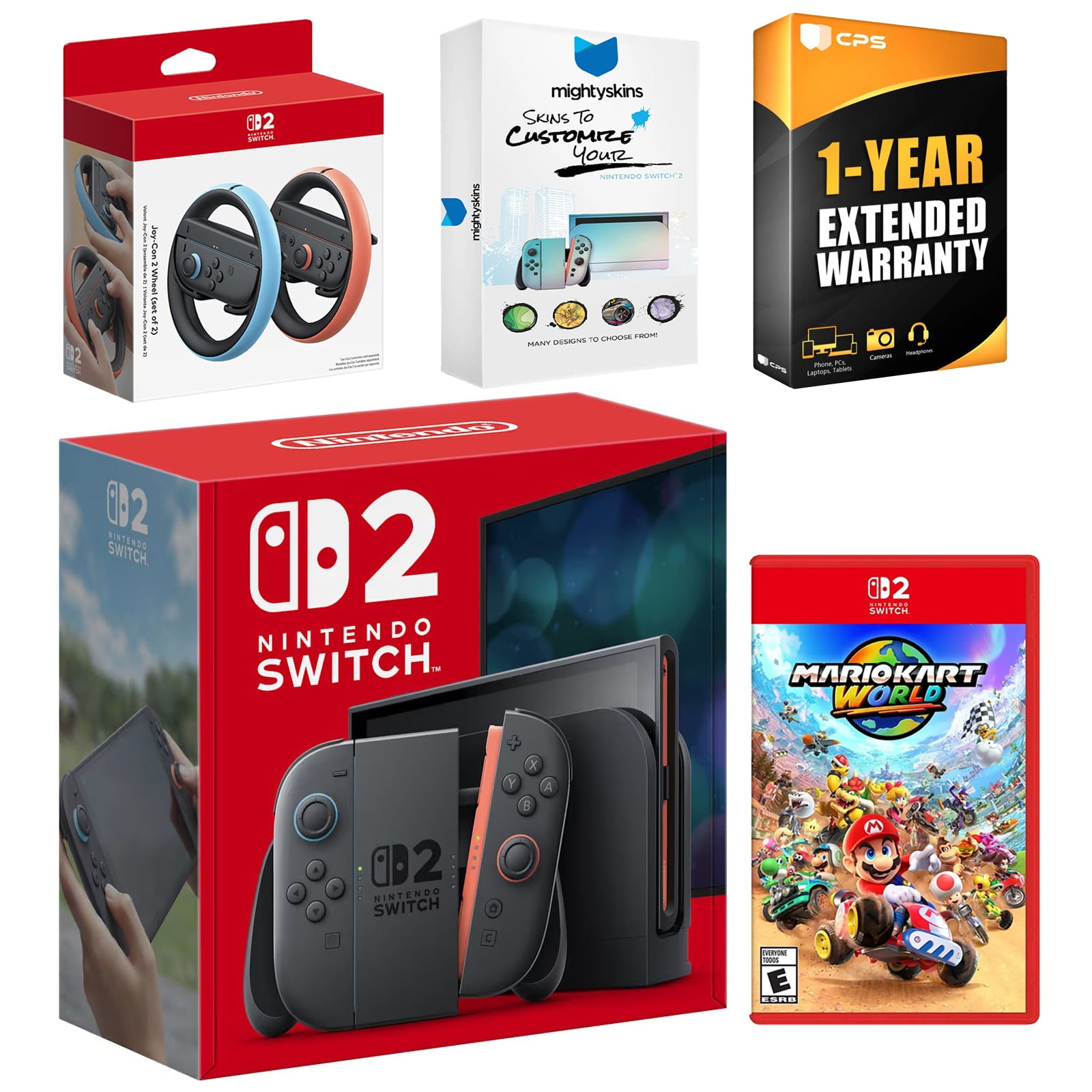 Nintendo Switch 2 Console with Mario Kart World, Joy Con Wheel, MightySkins Code and 1 CPS Year Extended Warranty