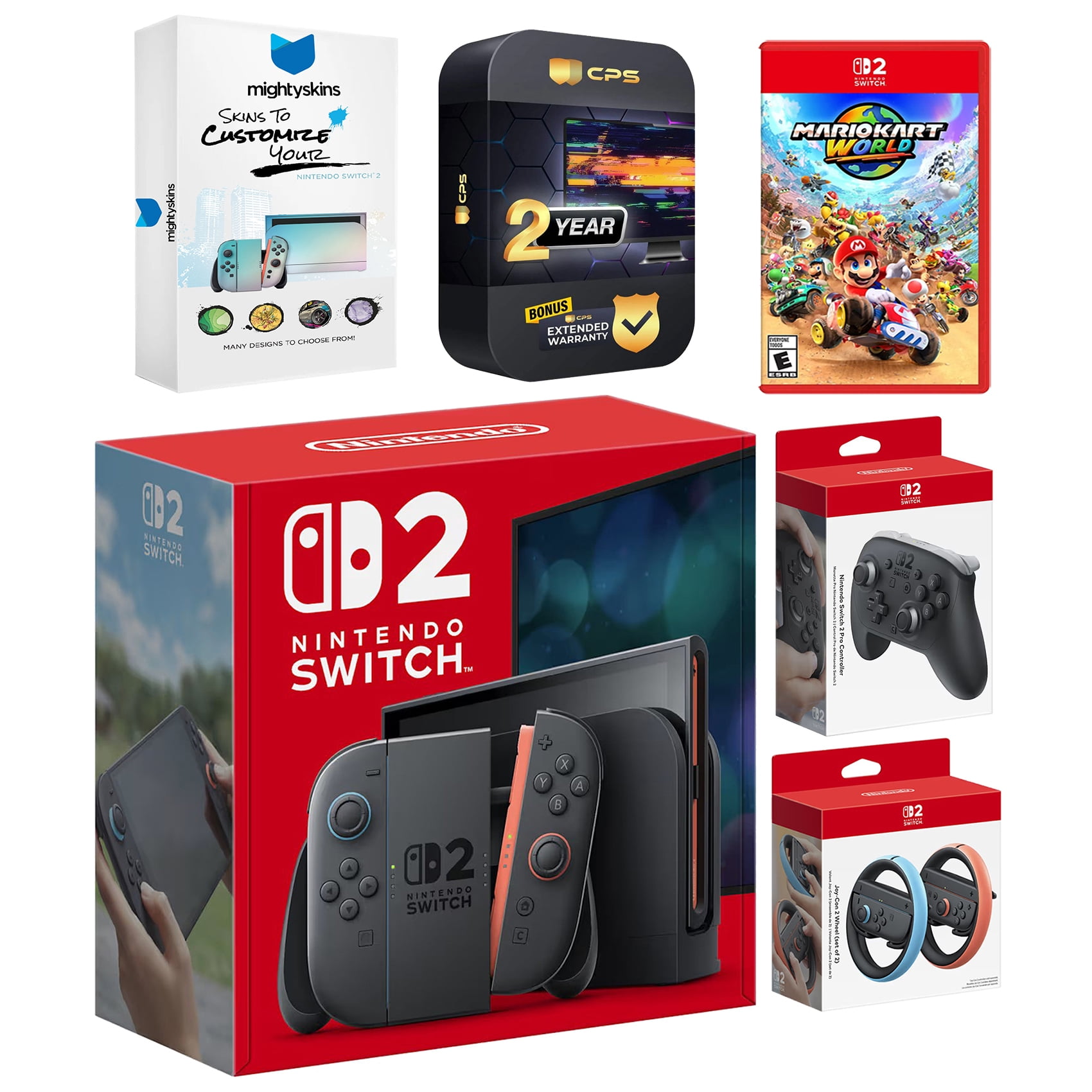Nintendo Switch 2 Console with Mario Kart World, Pro Controller, Joy Con Wheel, MightySkins Code and 2 CPS Year Extended Warranty
