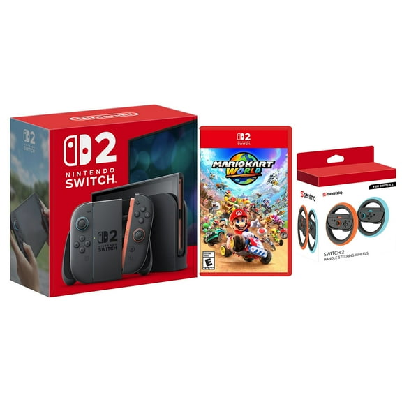 Nintendo Switch 2 Console with Mario Kart World and Sentriq Joy Cons Steering Wheel Set Bundle