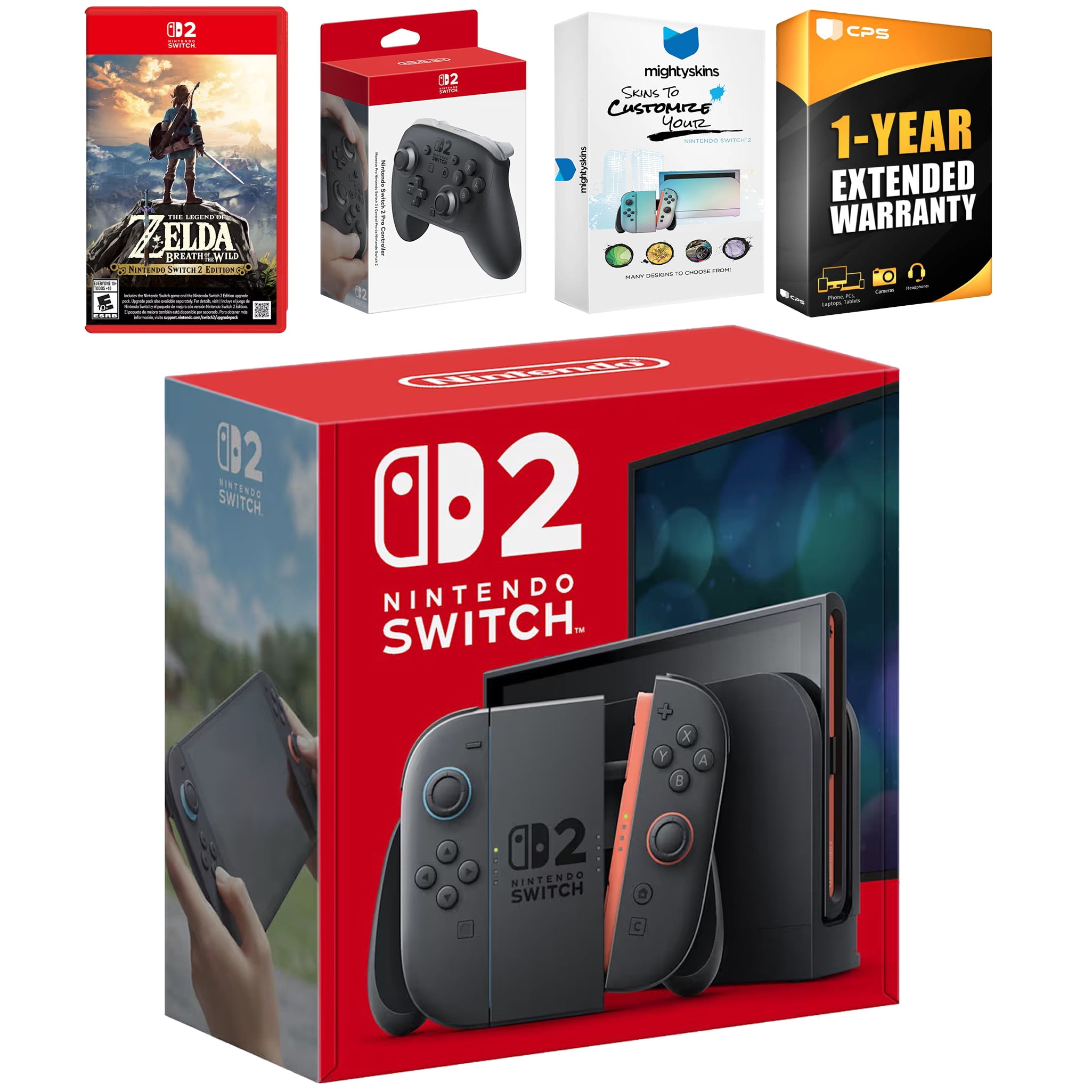 Nintendo Switch 2 Console with Zelda Breath of the Wild, Pro Controller, MightySkins Code and 1 CPS Year Extended Warranty