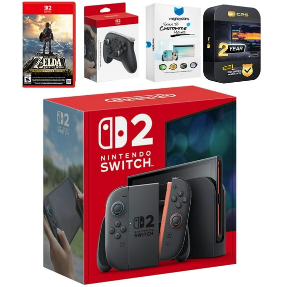 Nintendo Switch 2 Console with Zelda Breath of the Wild, Pro Controller, MightySkins Code and 2 CPS Year Extended Warranty