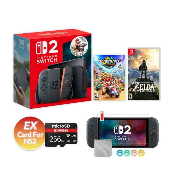 Nintendo Switch 2 Mario Kart World Bundle 256GB + 256GB MicroSD EX Card For NS2, 7.9-Inch 1080P Screen, Joy-Con 2, Dock, with The Legend of Zelda: Breath of the Wild NS1 Game & Accessories