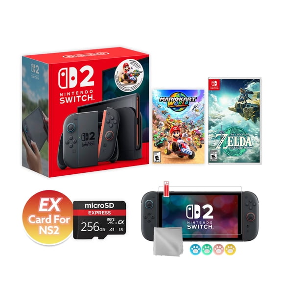 Nintendo Switch 2 Mario Kart World Bundle 256GB + 256GB MicroSD EX Card For NS2, 7.9-Inch 1080P Screen, Joy-Con 2, Dock, The Legend of Zelda: Tears of the Kingdom NS1 Game & Accessories