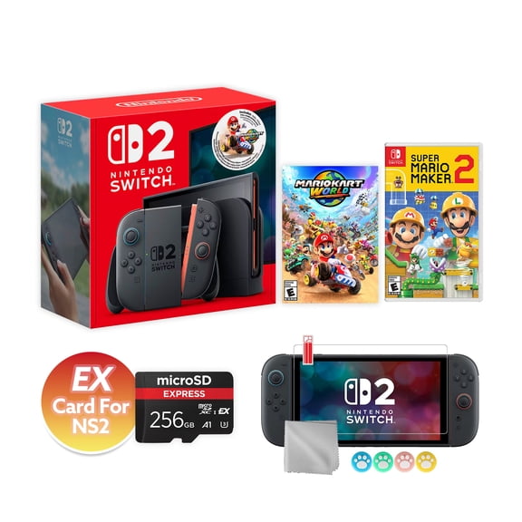 Nintendo Switch 2 Mario Kart World Bundle 256GB + 256GB MicroSD EX Card For NS2, 7.9-Inch 1080P Screen, Joy-Con 2 with Mouse Sensor, Dock, with Super Mario Maker 2 NS1 Game & Accessories