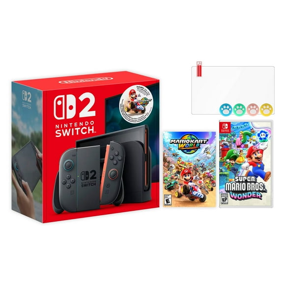 Nintendo Switch 2 Mario Kart World Bundle 256GB 7.9-Inch 1080P Screen, Joy-Con 2 with Mouse Sensor, Dock, with Super Mario Bros. Wonder And Mytrix Joystick Caps & Screen Protector