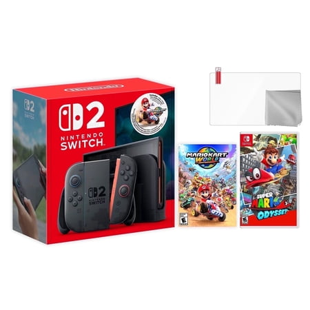 Nintendo Switch 2 Mario Kart World Bundle 256GB 7.9-Inch 1080P Screen, Joy-Con 2 with Mouse Sensor, Dock, with Super Mario Odyssey And Microfiber Cleaning Cloth & Screen Protector