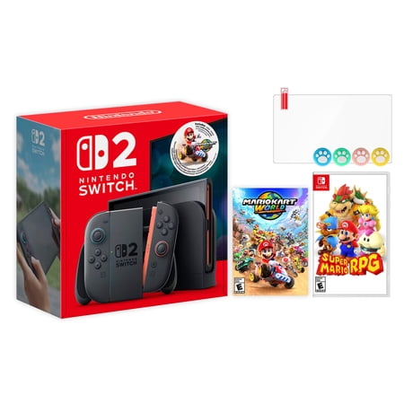 Nintendo Switch 2 Mario Kart World Bundle 256GB 7.9-Inch 1080P Screen, Joy-Con 2 with Mouse Sensor, Dock, with Super Mario RPG And Mytrix Joystick Caps & Screen Protector