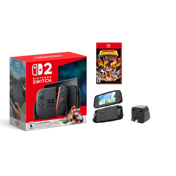 Nintendo Switch 2 + Mario Kart World Bundle + Donkey Kong Bananza (Nintendo Switch 2) + Travel Adapter Plug Universal – International Version