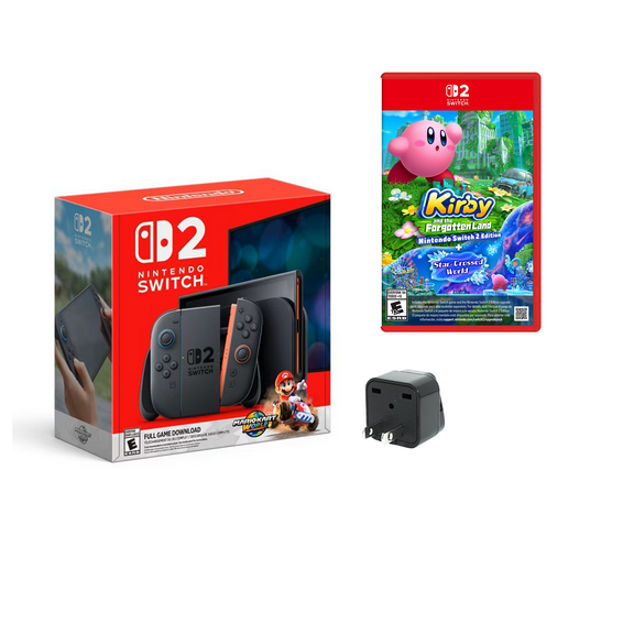 Nintendo Switch 2 + Mario Kart World Bundle + Kirby Forgotten Land + Travel Adapter Plug Universal - International Version