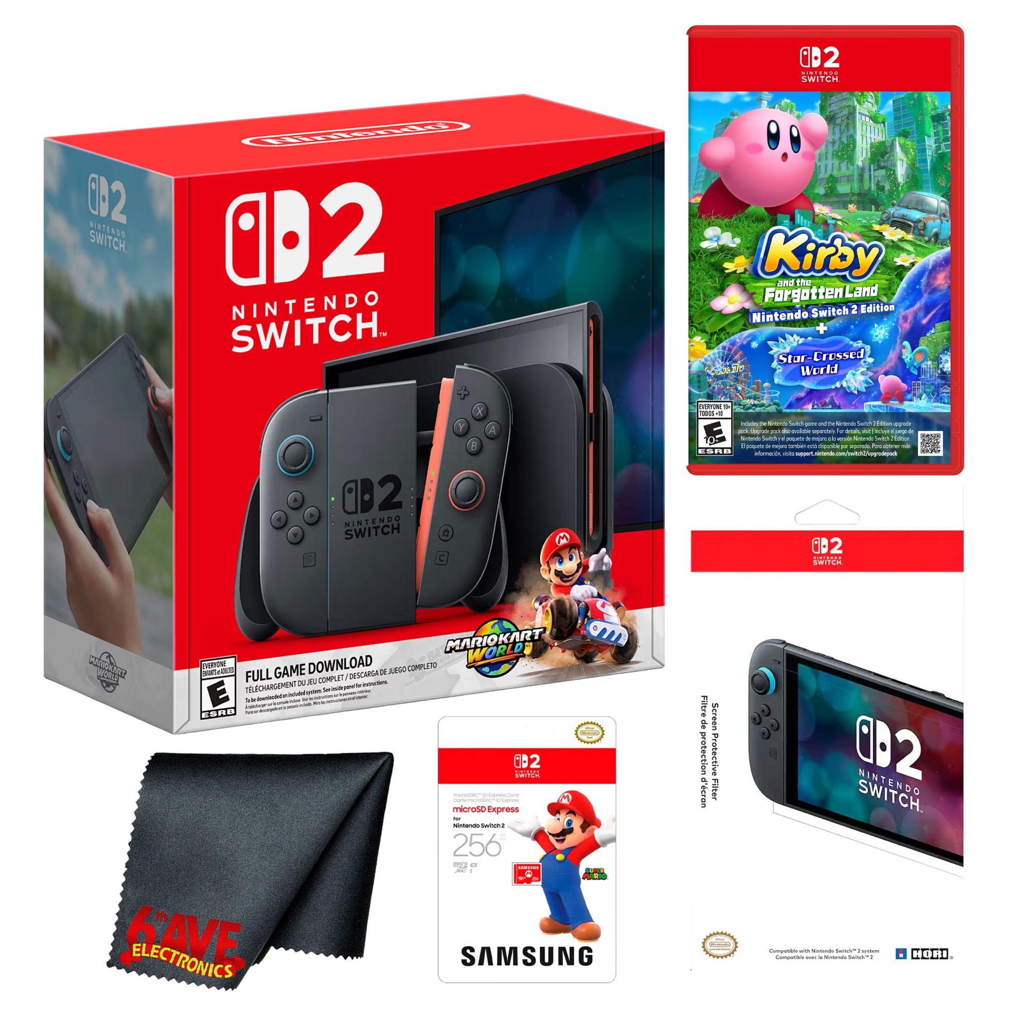 Nintendo Switch 2, Mario Kart World Bundle + Nintendo Kirby and the Forgotten Land and Star-Crossed World + Microfiber Cleaning Cloth + 256Gb Memory Card + HORI Screen Protective Filter for Switch 2