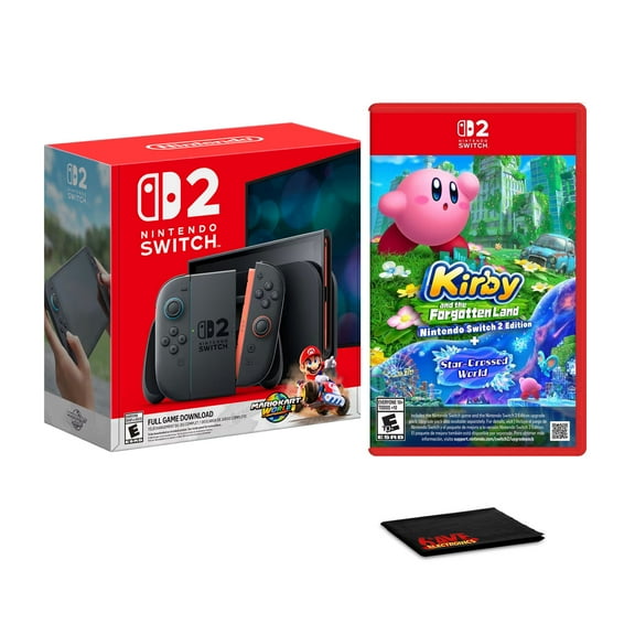 Nintendo Switch 2, Mario Kart World Bundle + Kirby and the Forgotten Land and Star-Crossed World + Microfiber Cleaning Cloth