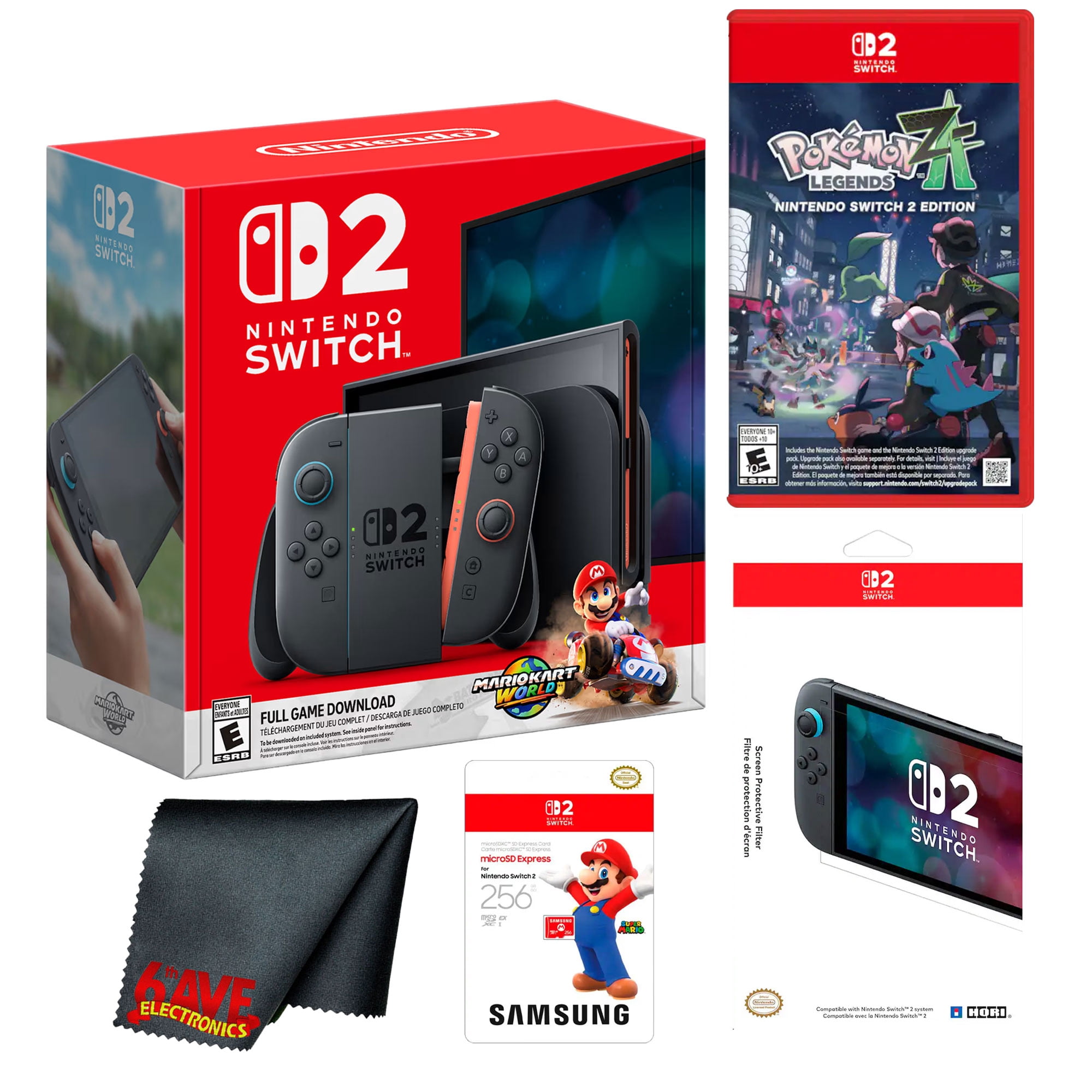 Nintendo Switch 2, Mario Kart World Bundle + Nintendo Pokémon Legends: Z-A + Microfiber Cleaning Cloth + 256Gb Memory Card + HORI Screen Protective Filter for Switch 2