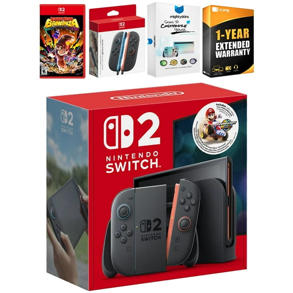 Nintendo Switch 2 + Mario Kart World Bundle with Donkey Kong Bonanza, Extra Joy-Cons, MightySkins Code and 1 CPS Year Extended Warranty