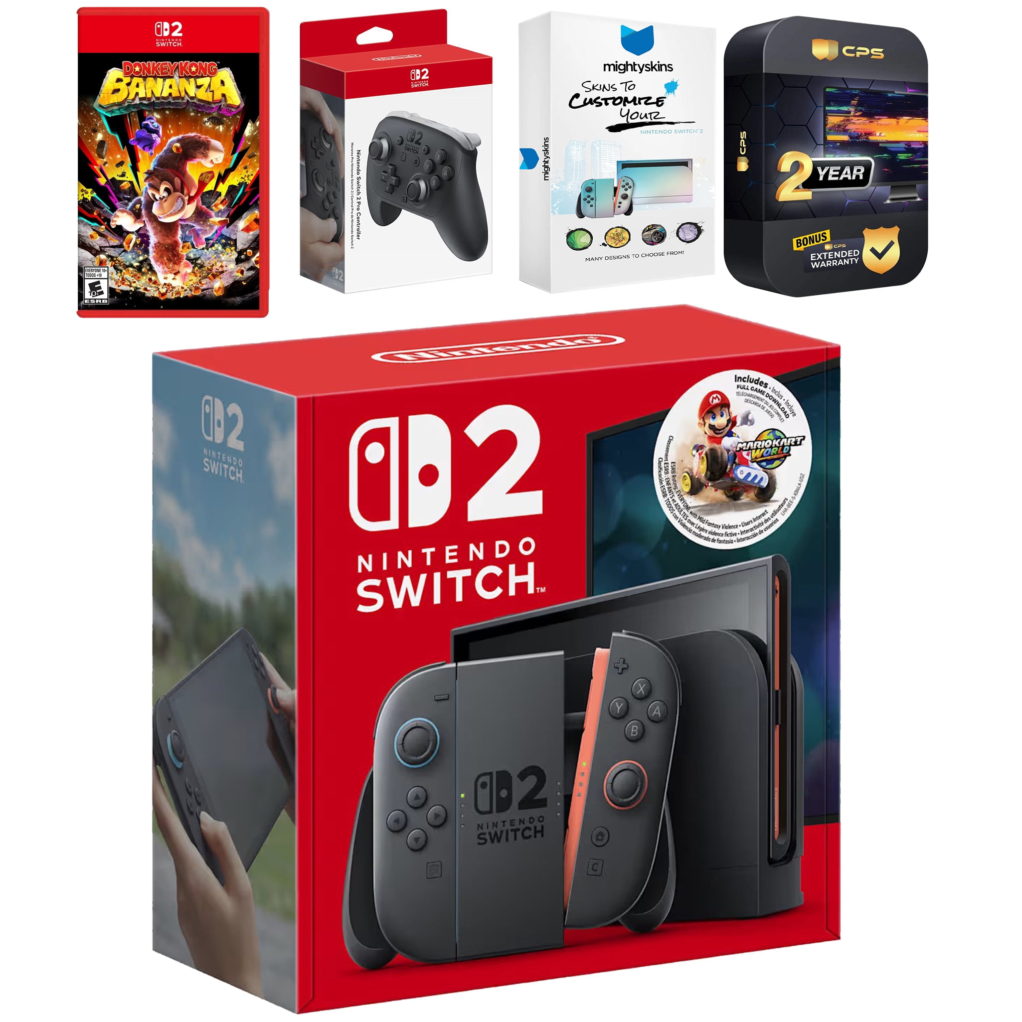 Nintendo Switch 2 + Mario Kart World Bundle with Donkey Kong Bonanza, Pro Controller, MightySkins Code and 2 CPS Year Extended Warranty