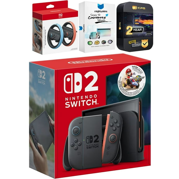 Nintendo Switch 2 Mario Kart World Bundle with Joy Con Wheel, MightySkins Code and 2 CPS Year Extended Warranty