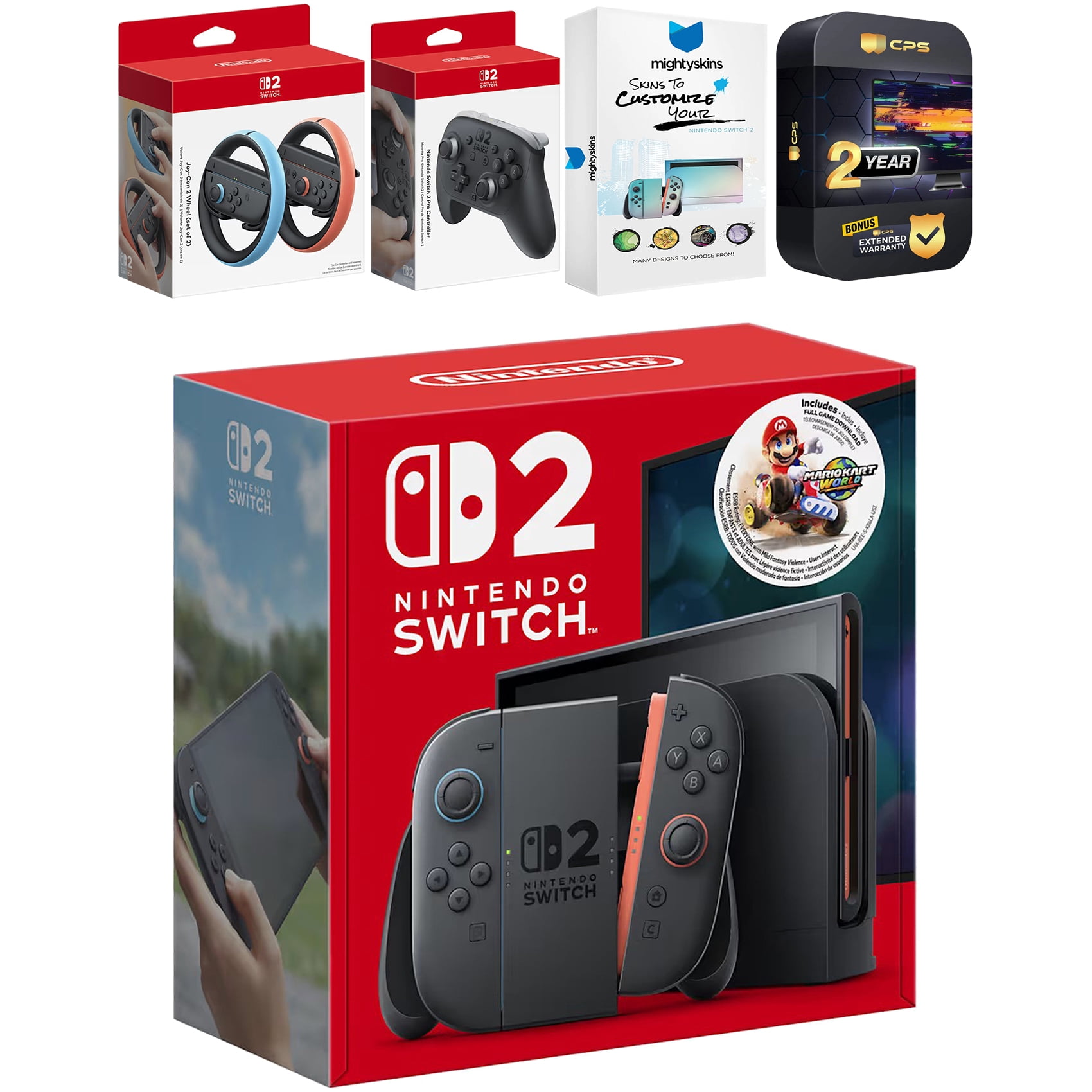 Nintendo Switch 2 Mario Kart World Bundle with Pro Controller, Joy Con Wheel, MightySkins Code and 2 CPS Year Extended Warranty