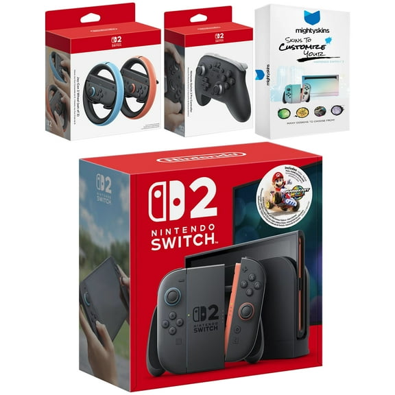 Nintendo Switch 2 Mario Kart World Bundle with Pro Controller, Joy Con Wheel and MightySkins Code