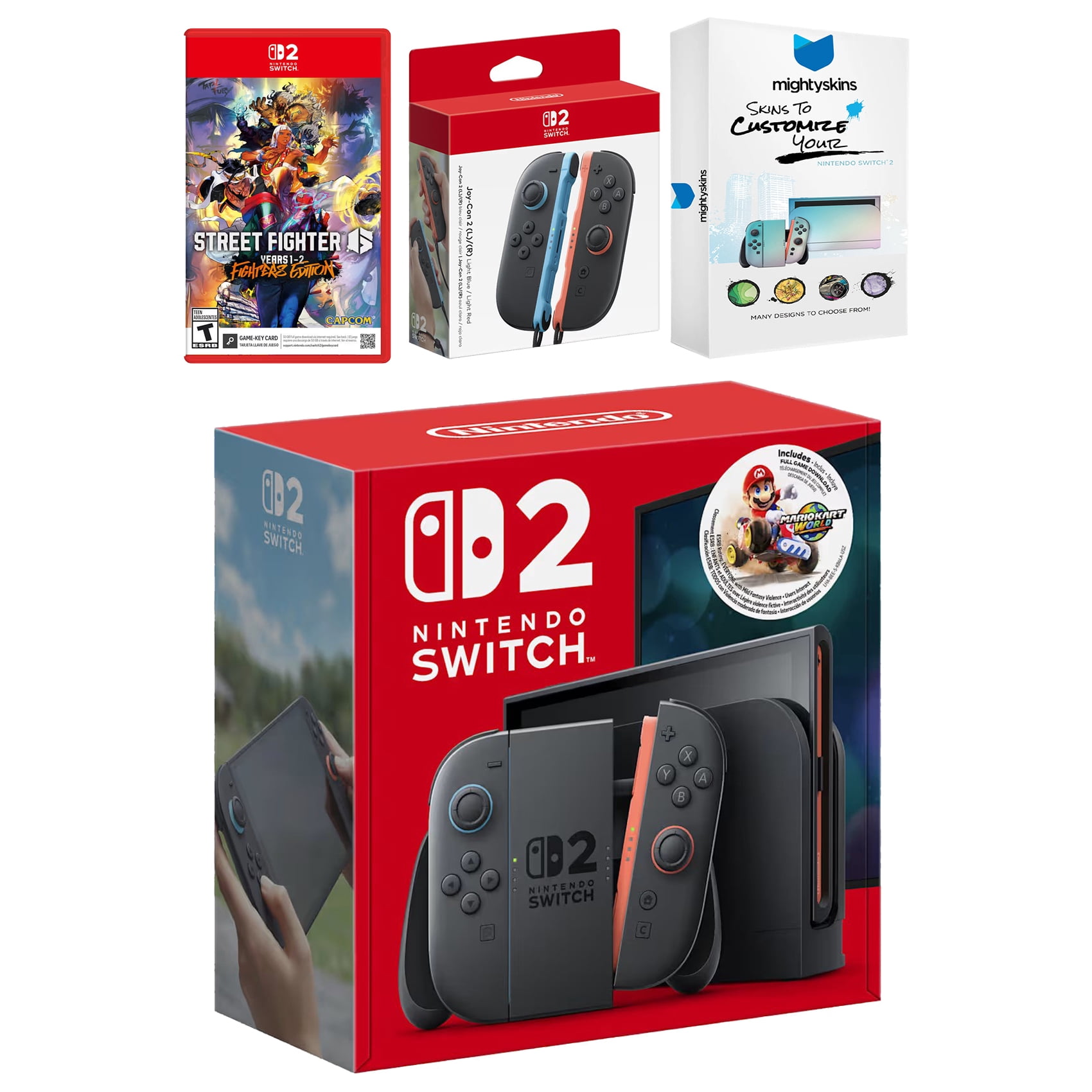 Nintendo Switch 2 + Mario Kart World Bundle with Street Fighter 6, Extra Joy-Cons and MightySkins Code Bundle
