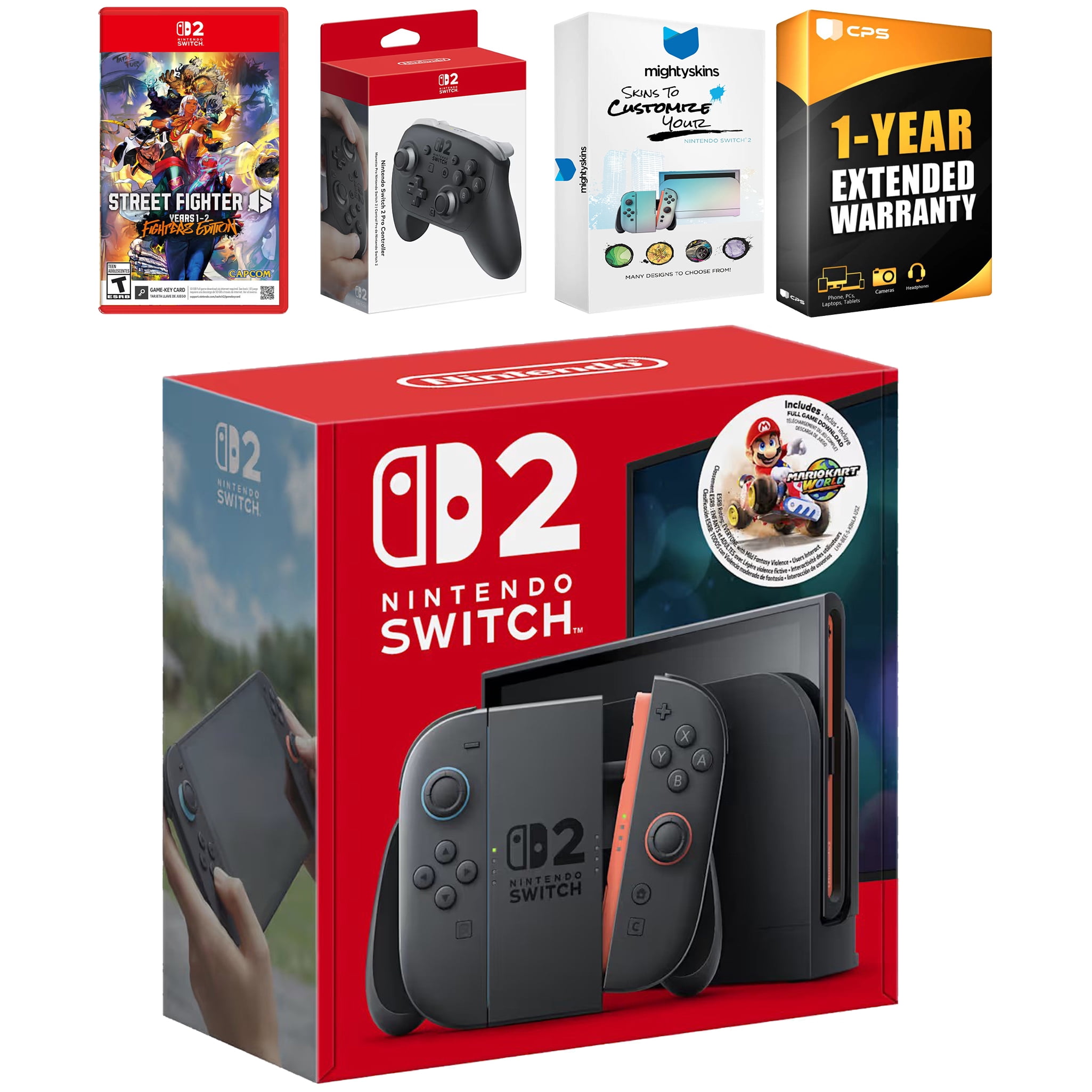 Nintendo Switch 2 + Mario Kart World Bundle with Street Fighter 6, Pro Controller, MightySkins Code and 1 CPS Year Extended Warranty