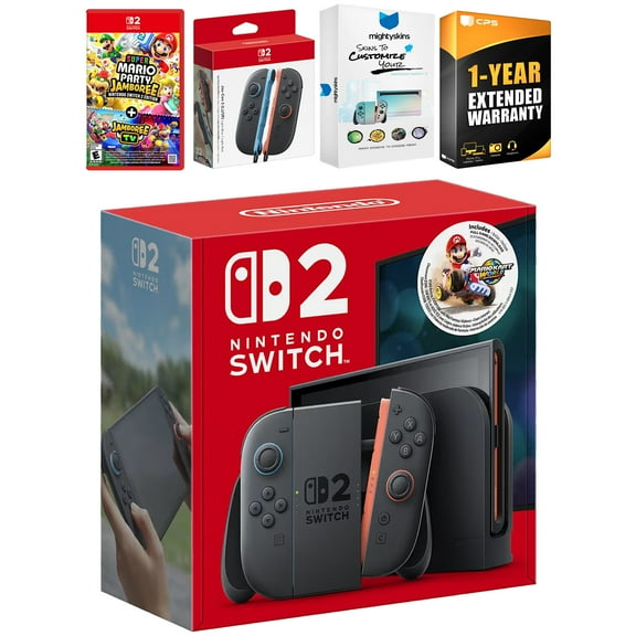 Nintendo Switch 2 + Mario Kart World Bundle with Super Mario Party Jamboree, Extra Joy-Cons, MightySkins Code and 1 CPS Year Extended Warranty