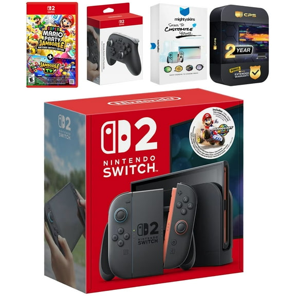 Nintendo Switch 2 + Mario Kart World Bundle with Super Mario Party Jamboree, Pro Controller, MightySkins Code and 2 CPS Year Extended Warranty