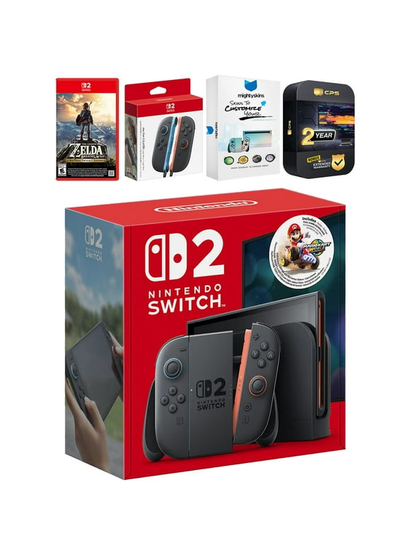 Switch 2 + Mario Kart World Bundle with Zelda Breath of the Wild, Extra Joy-Cons, MightySkins Code and 1 CPS Year Extended Warranty