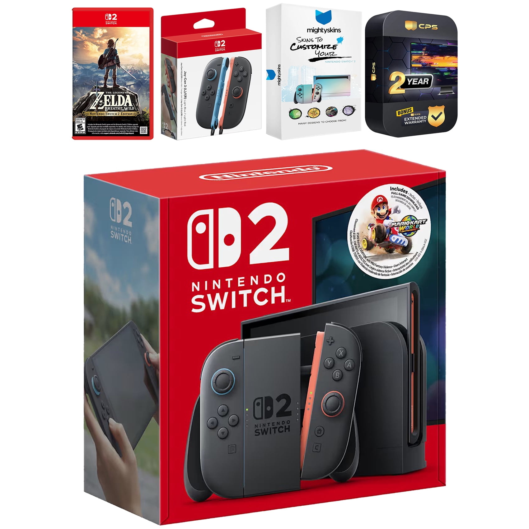 Nintendo Switch 2 + Mario Kart World Bundle with Zelda Breath of the Wild, Extra Joy-Cons, MightySkins Code and 2 CPS Year Extended Warranty