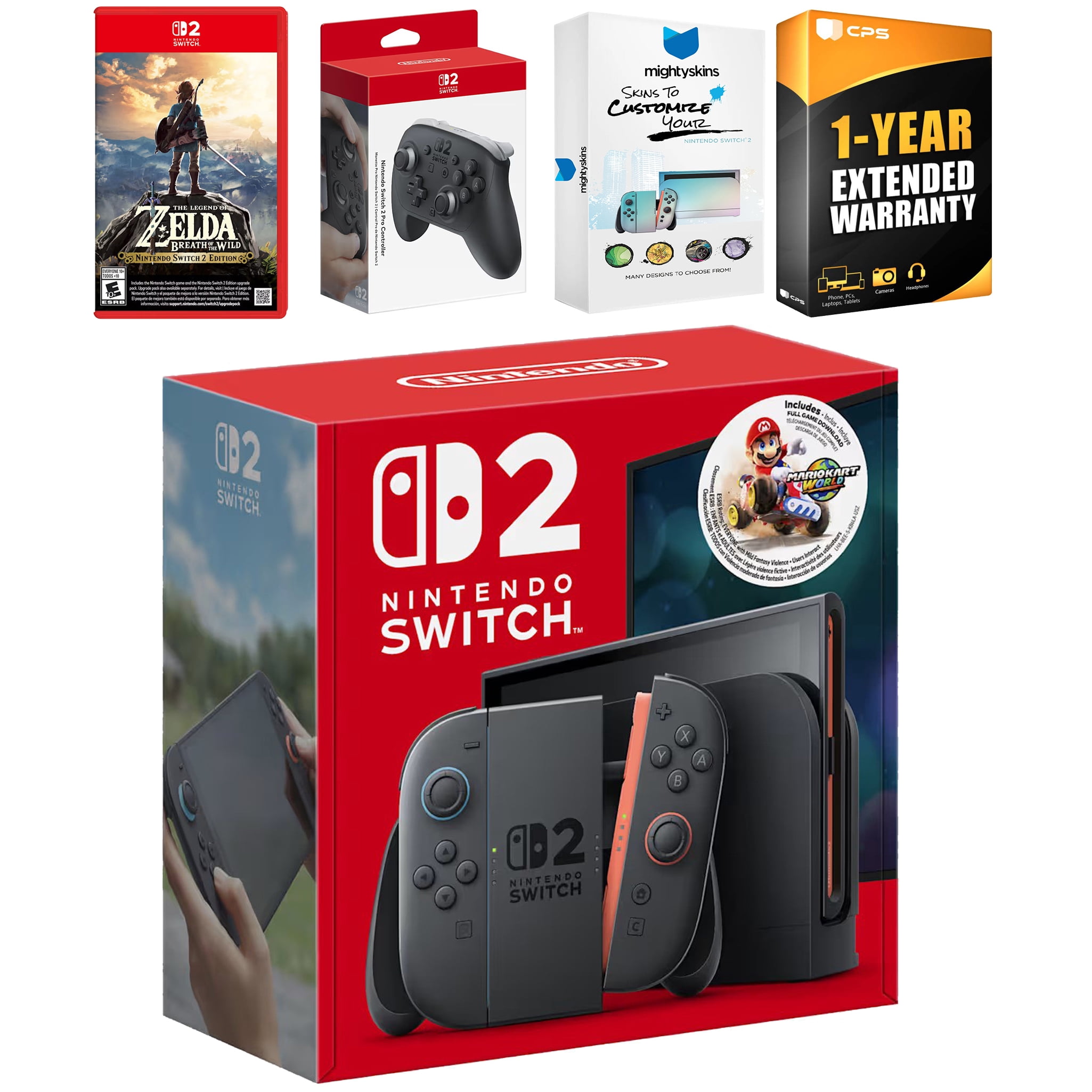 Nintendo Switch 2 + Mario Kart World Bundle with Zelda Breath of the Wild, Pro Controller, MightySkins Code and 1 CPS Year Extended Warranty