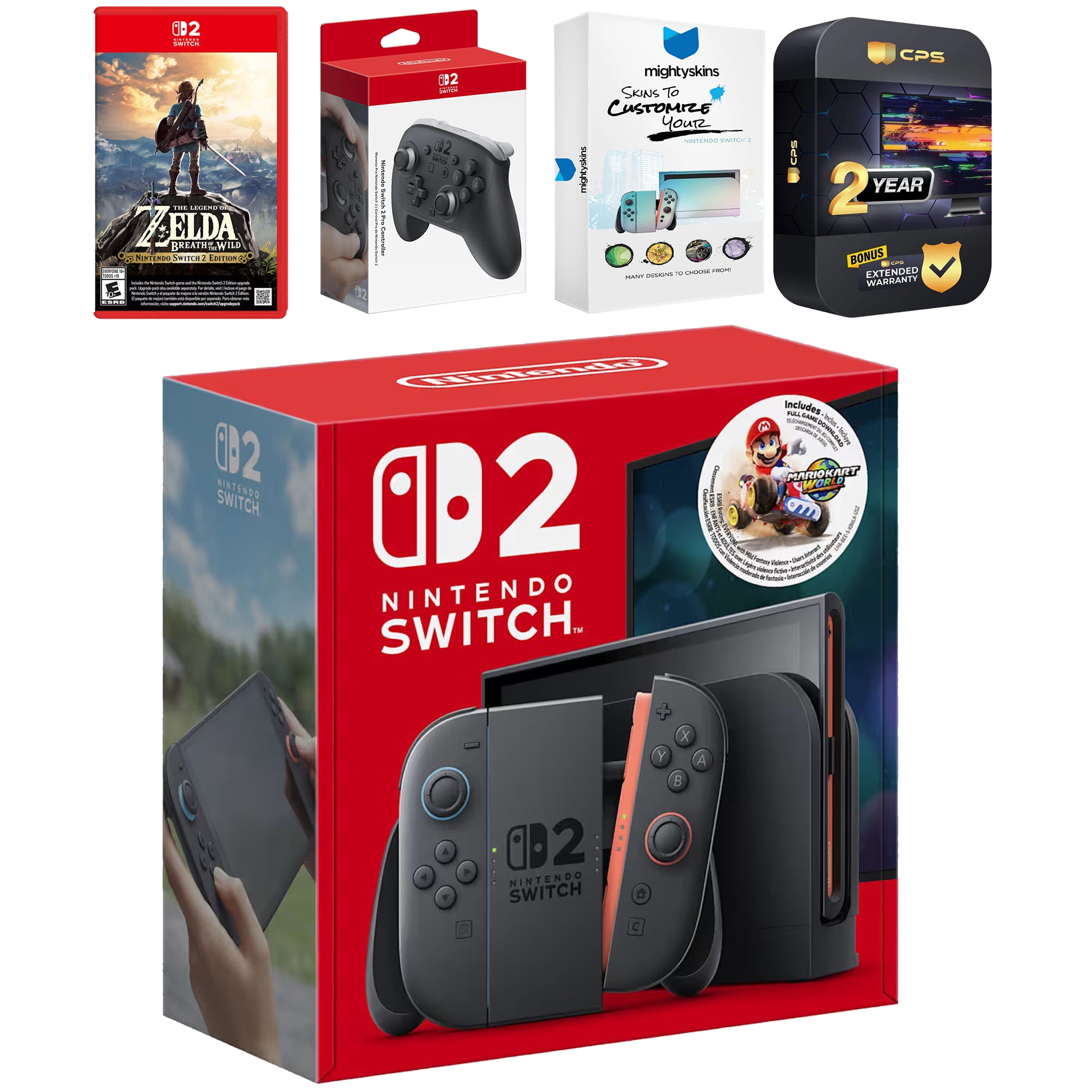 Nintendo Switch 2 + Mario Kart World Bundle with Zelda Breath of the Wild, Pro Controller, MightySkins Code and 2 CPS Year Extended Warranty