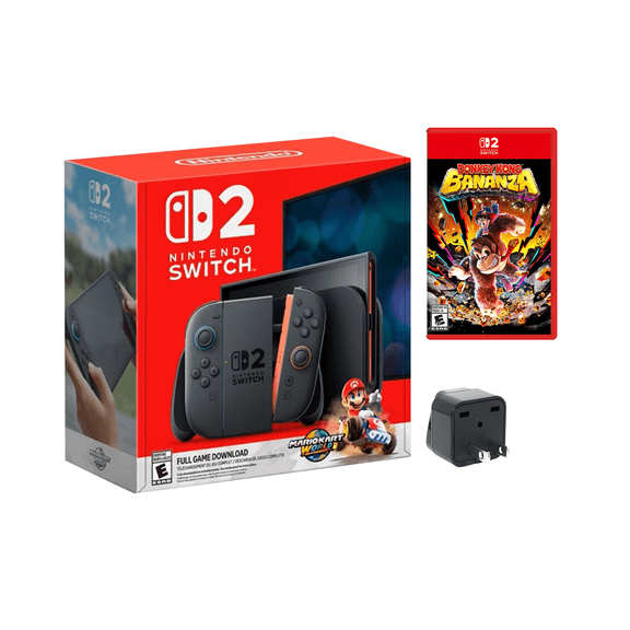 Nintendo Switch 2 + Mario Kart World + Donkey Kong Bananza Adventure Bundle – Nintendo Switch 2 Edition + Travel Adapter – International Version