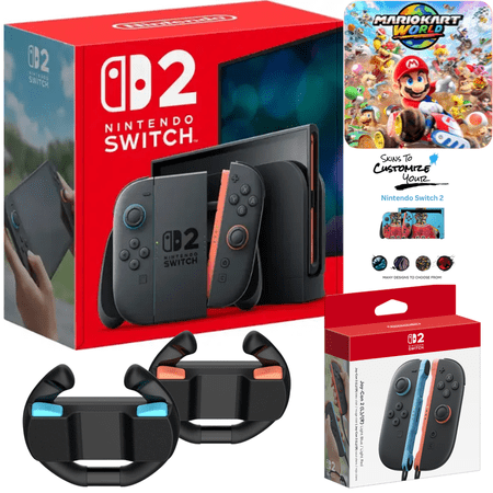 Nintendo Switch 2 Mario Kart Region Free with Extra Joy-Cons, Racing Wheel Set of 2, and MightySkins Console Skin Voucher