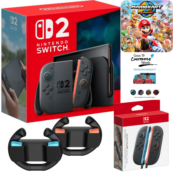 Nintendo Switch 2 Mario Kart Region Free with Extra Joy-Cons, Racing Wheel Set of 2, and MightySkins Console Skin Voucher