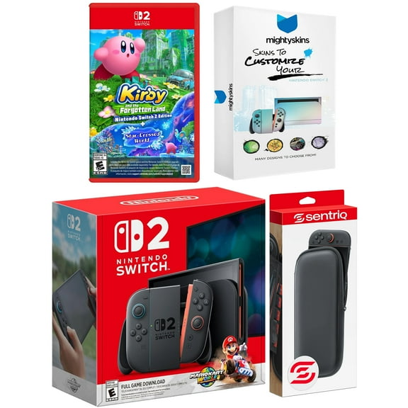 Nintendo Switch 2 + Mario Kart World, Kirby and the Forgotten Land, MightySkins Code and Protective Case Bundle