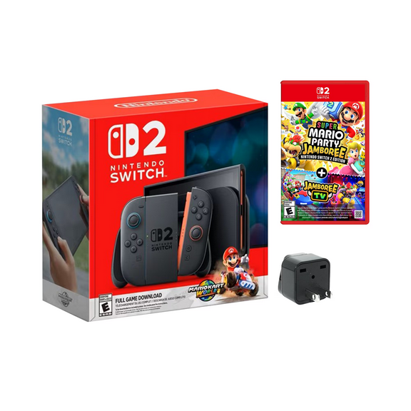 Nintendo Switch 2 + Mario Kart World + Super Mario Party Jamboree Bundle – Nintendo Switch 2 Edition + Travel Adapter – International Version