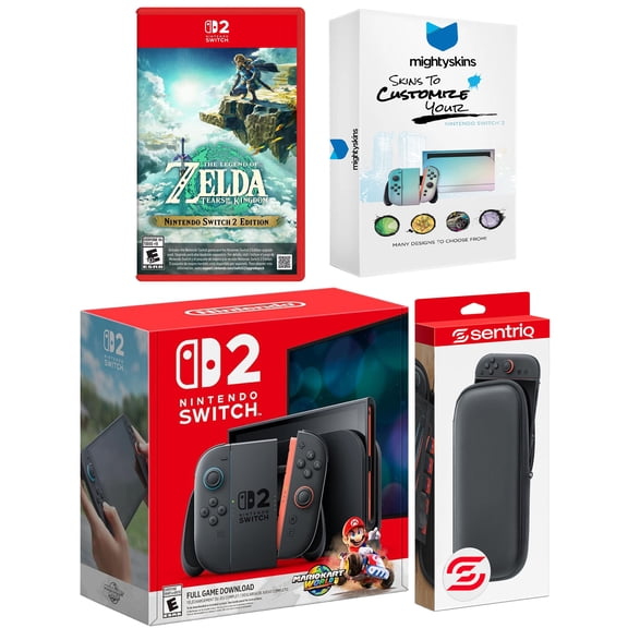 Nintendo Switch 2 + Mario Kart World, Zelda Tears of the Kingdom, MightySkins Code and Protective Case Bundle