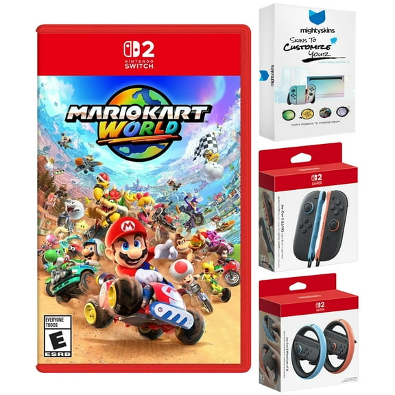 Nintendo Switch 2 Mario Kart World with Joy-Con 2 Blue/Red Controllers and Wheel with MightySkins Code