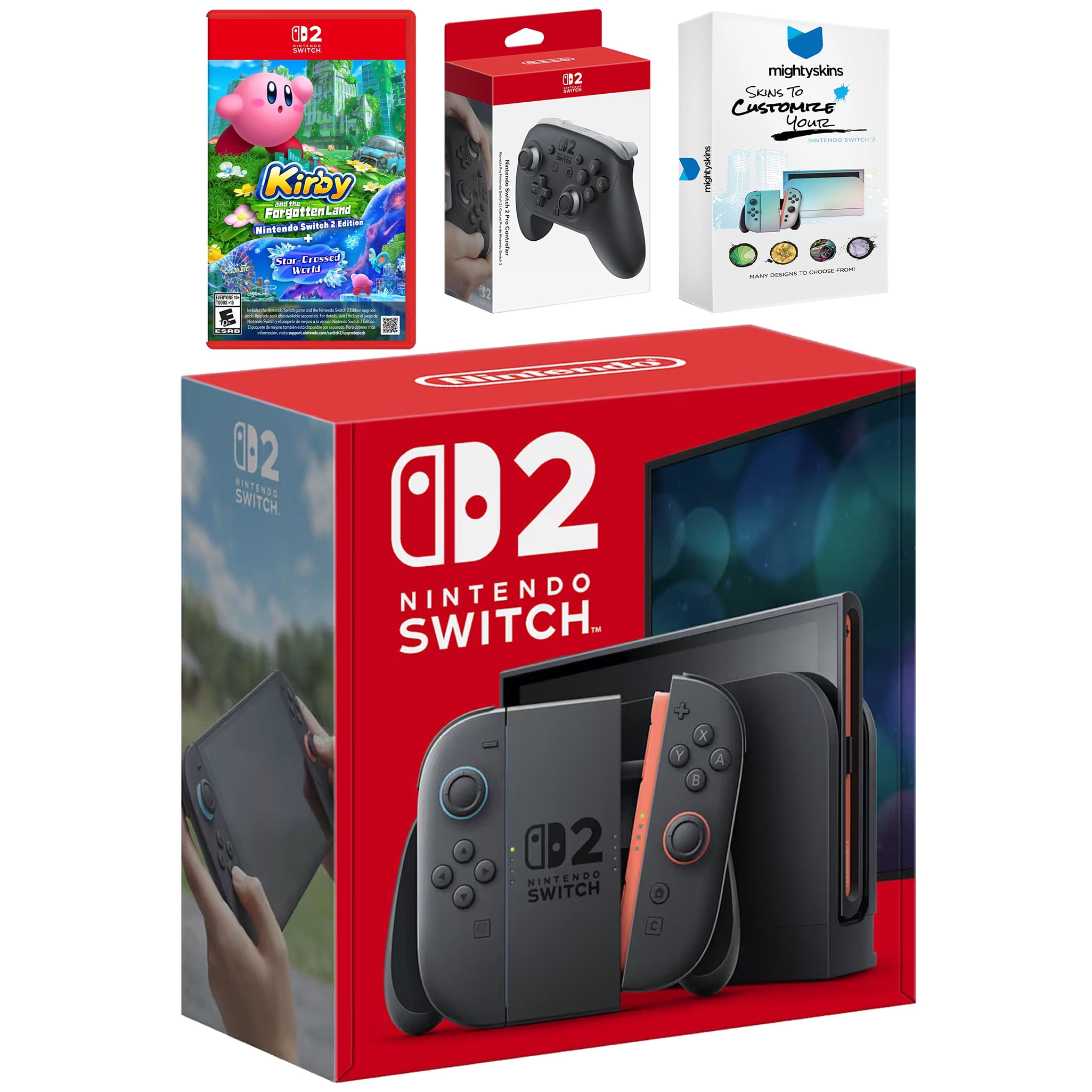 Nintendo Switch 2 Video Game Console with Kirby The Forgotten Land, Pro Controller and MightySkins Code Bundle