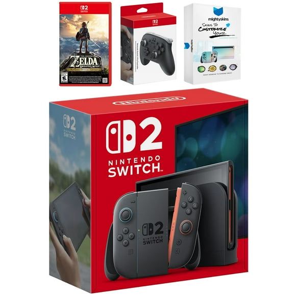 Nintendo Switch 2 Video Game Console with Zelda Breath of the Wild, Pro Controller and MightySkins Code Bundle