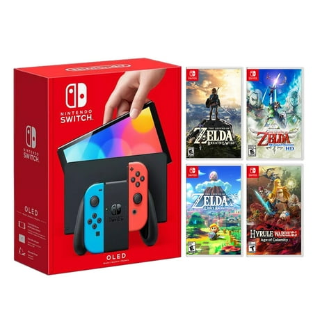 Nintendo Switch 2021 New OLED Model Neon Red & Blue Joy Con 64GB Console HD Screen & LAN-Port Dock Zelda 4 Game Bundle with Mytrix Accessories - The Legend of Zelda Best Holiday Gift