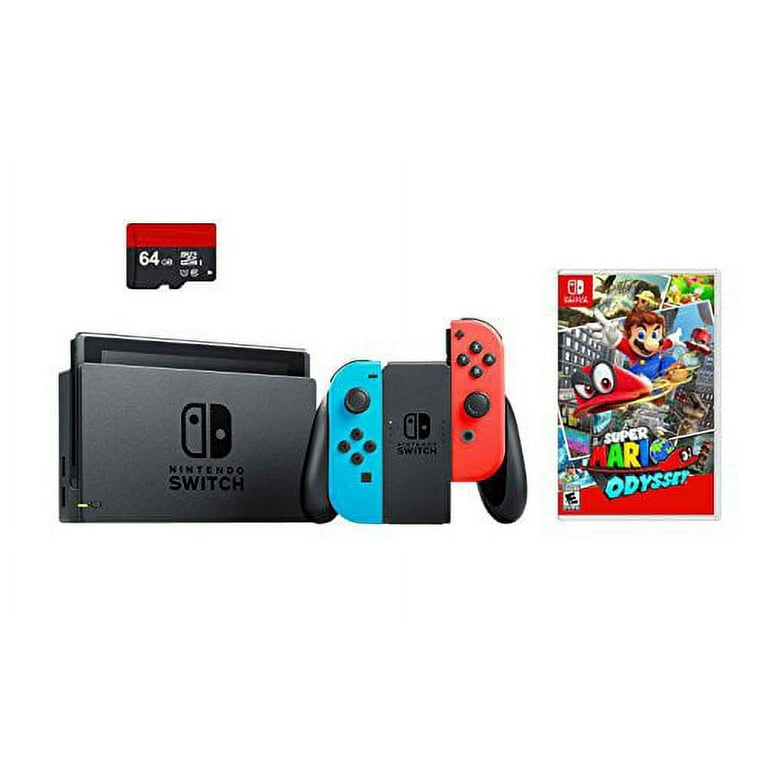 Nintendo Switch 3 items Bundle:Nintendo Switch 32GB Console Neon Red and  Blue Joy-con,64GB Micro SD Memory Card and Super Mario Odyssey Game Disc 